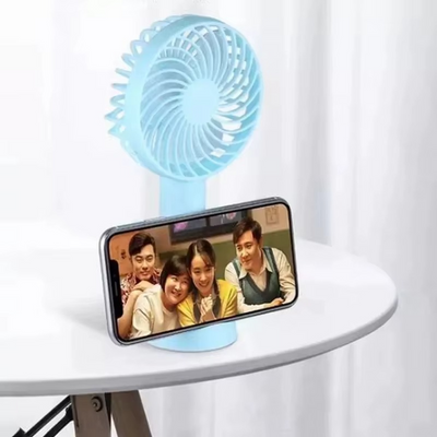 USB Mini Portable Handheld Fan with Phone Holder Rechargeable Air Cooling Device for Outdoor Use Made of Plastic