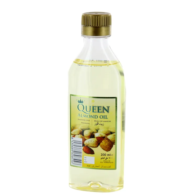 Queen Almond Oil Bottle 200ml – Pure almond oil for skin care and massage.