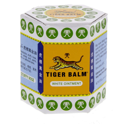 Tiger Balm White Ointment 30g – Menthol and camphor ointment for muscle pain, headache relief, and nasal congestion.