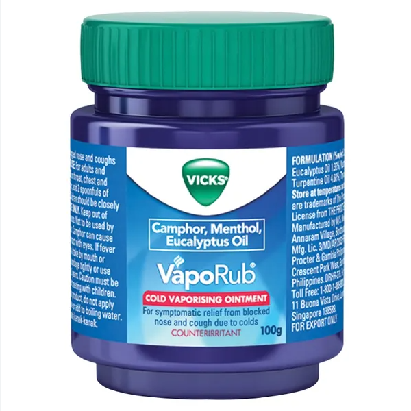 Vicks VapoRub Cold Vapourizing Ointment – Relieves blocked nose and cough with camphor, menthol, and eucalyptus oil.